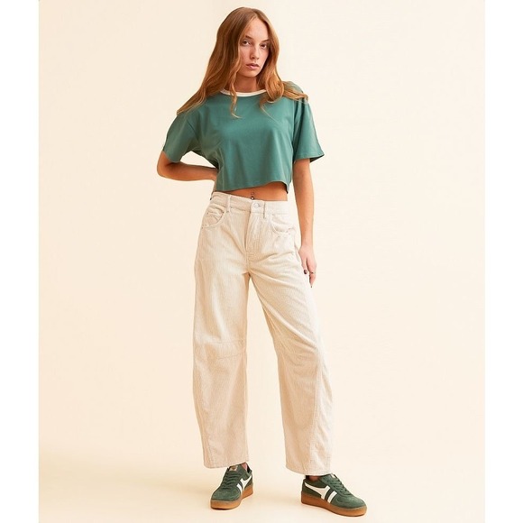 Free People Good Luck Mid-Rise Corduroy Pants in Crystal Grey/Ivory Size 28